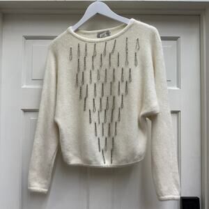 Vintage 1980s Semplice Lambswool Sweater Cream White Silver Beads Winter Cozy
